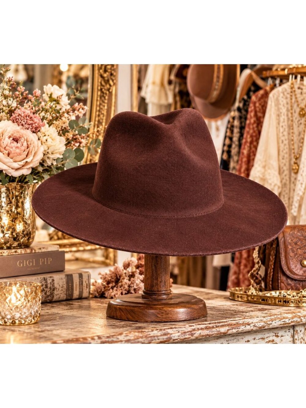 NWT GIGI PIP Womens M L 59 Zephyr Australian Wool Rancher Hat Dark Cherry Brown